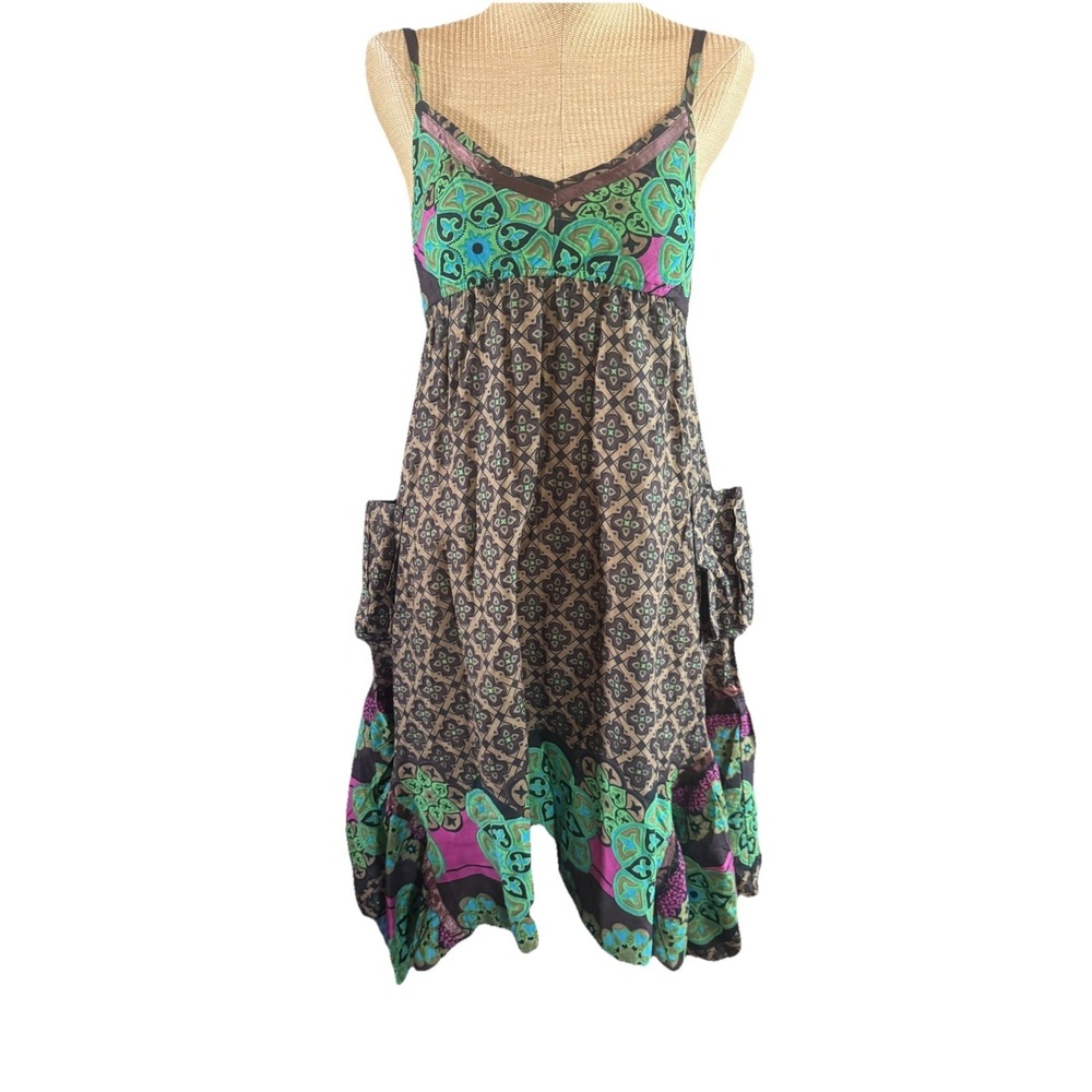 Urban Nomad Earthbound Trading Dress 100% Cotton- Brown Green Boho Hippie SM MED